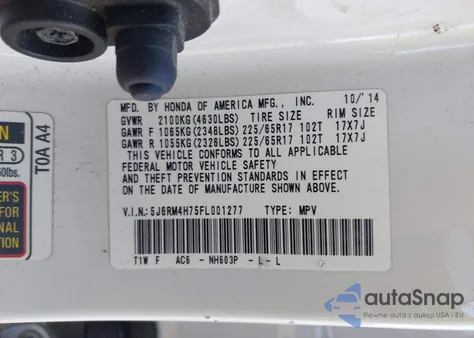 2015 Honda Cr-V Ex-L from USA, damaged, VIN 5J6RM4H75FL001277
